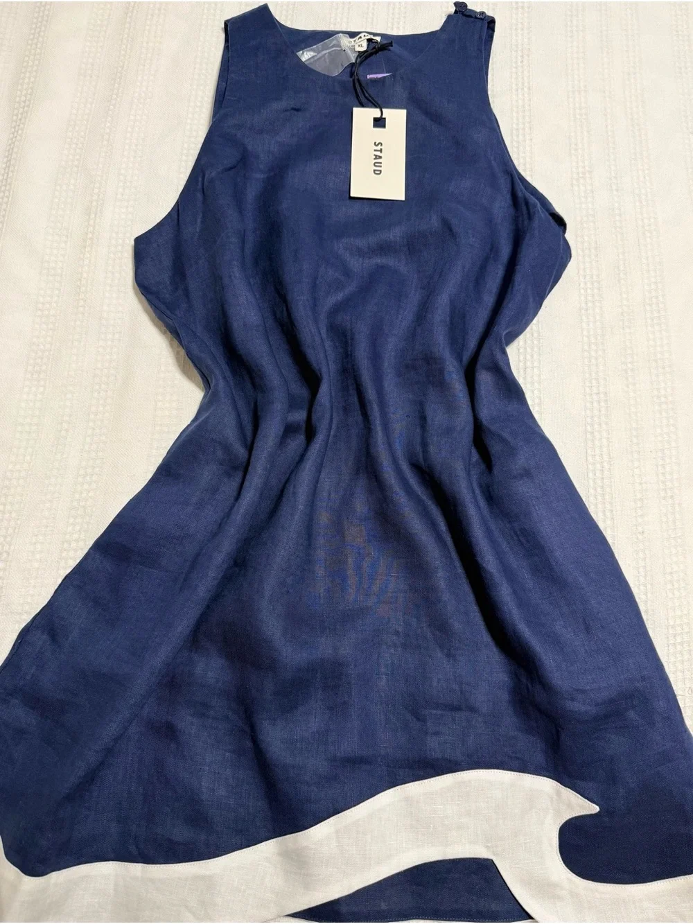 STAUD Navy and White Wave-Hem Sleeveless Swim Coverup